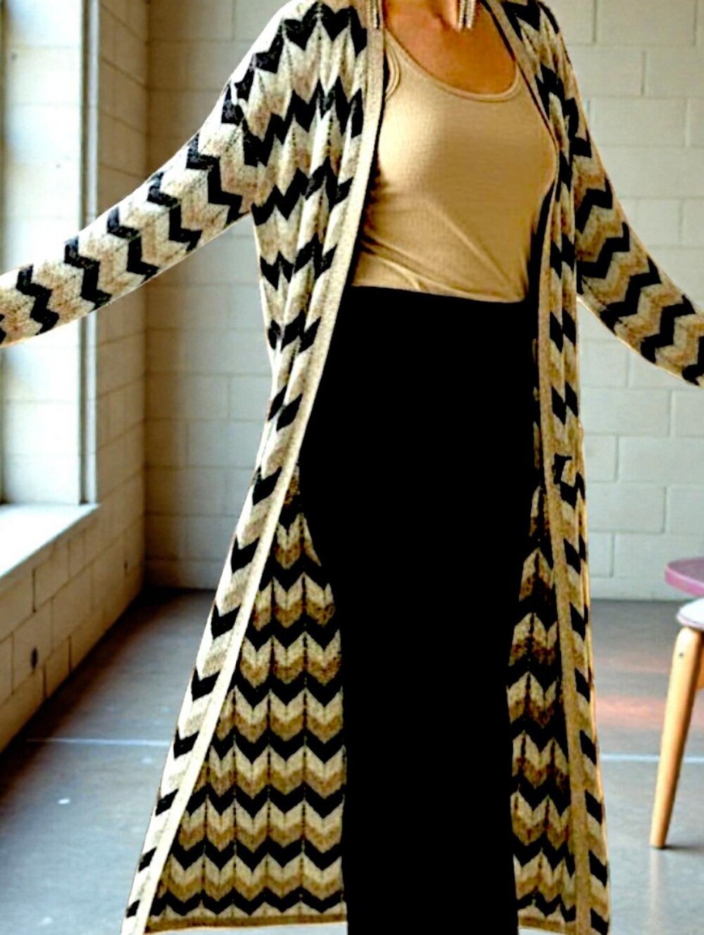 Black & Cream Chevron Cardigan Duster | Cozy Bohemian Layer | Large